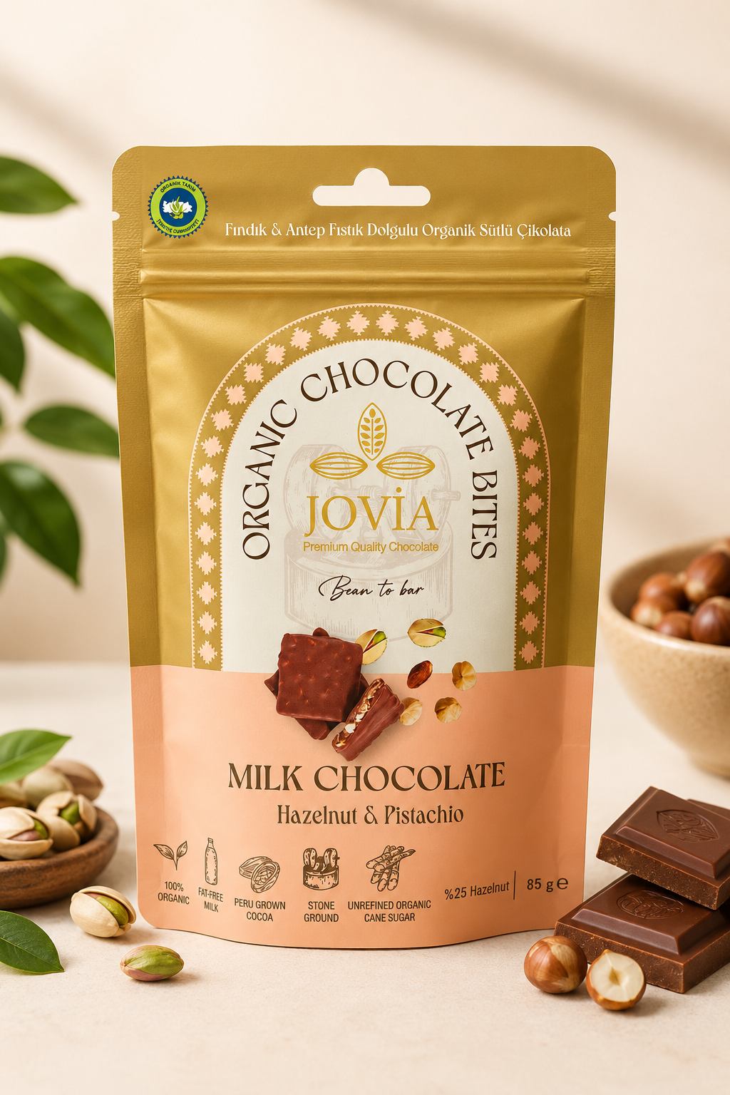 Jovia Organik Sütlü Çikolata – Fındık ve Antep Fıstığı Dolgulu