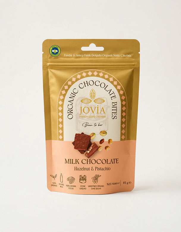 Jovia Organik Sütlü Çikolata – Fındık ve Antep Fıstığı Dolgulu