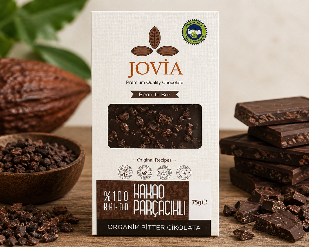 Jovia Organik %100 Bitter Çikolata – Kakao Parçacıklı 75 Gr