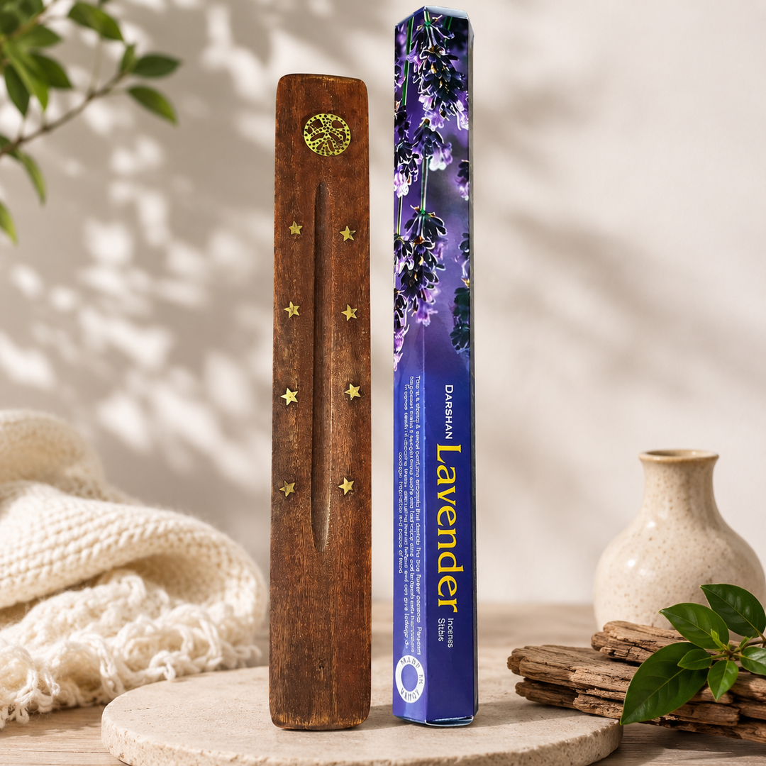 Lavanta aromalı çubuk tütsü ve dekoratif ahşap tütsülük seti